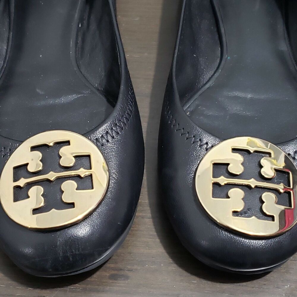 Tory Burch Black Flat Shoes Gold Logo 8M - Picture 7 of 12